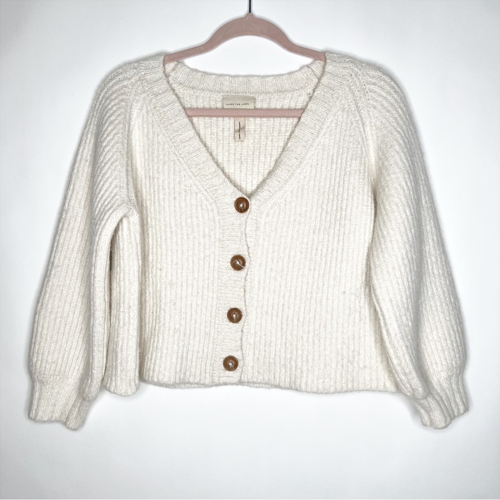 Laude The Label Cream Cardigan Alpaca Cotton Cropped Ribbed Balloon Sleeve Small